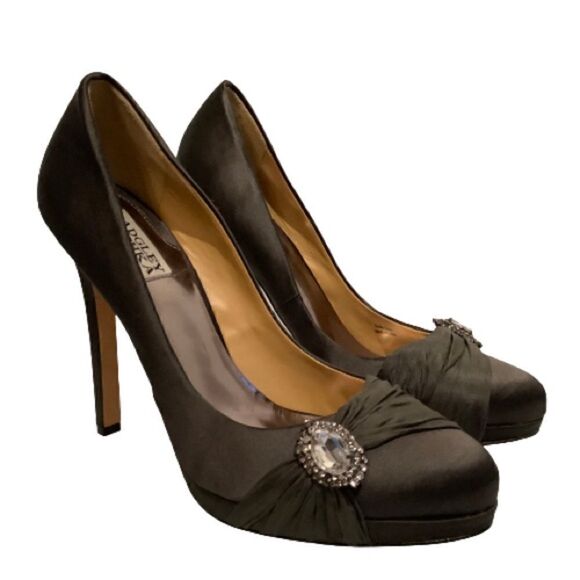 ‎BADGLEY MISCHKA “ODELL” BLACK SATIN PLATFORM HEELS SIZE 8.5 - Picture 2 of 12